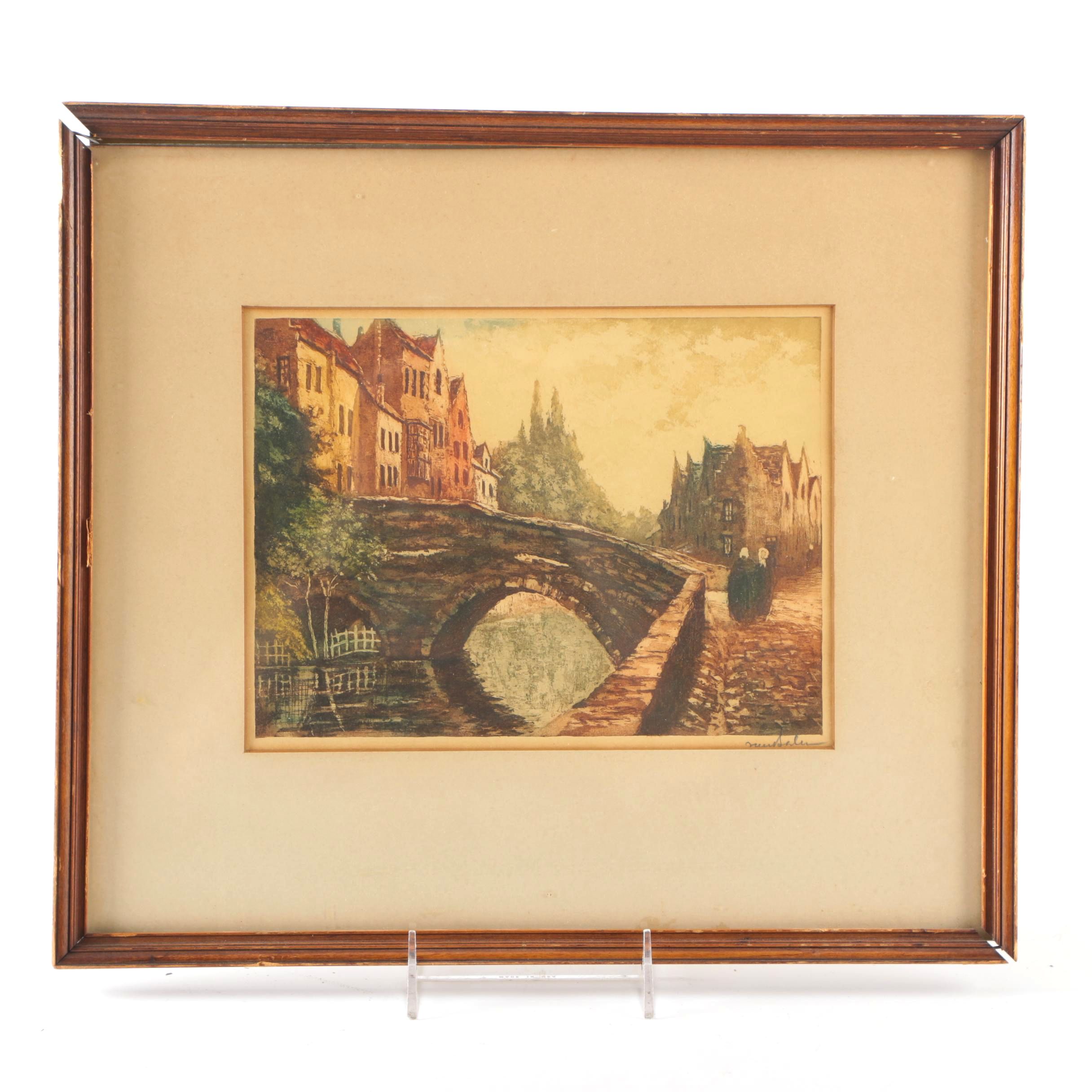Hand Colored Aquatint of European Cityscape With Bridge