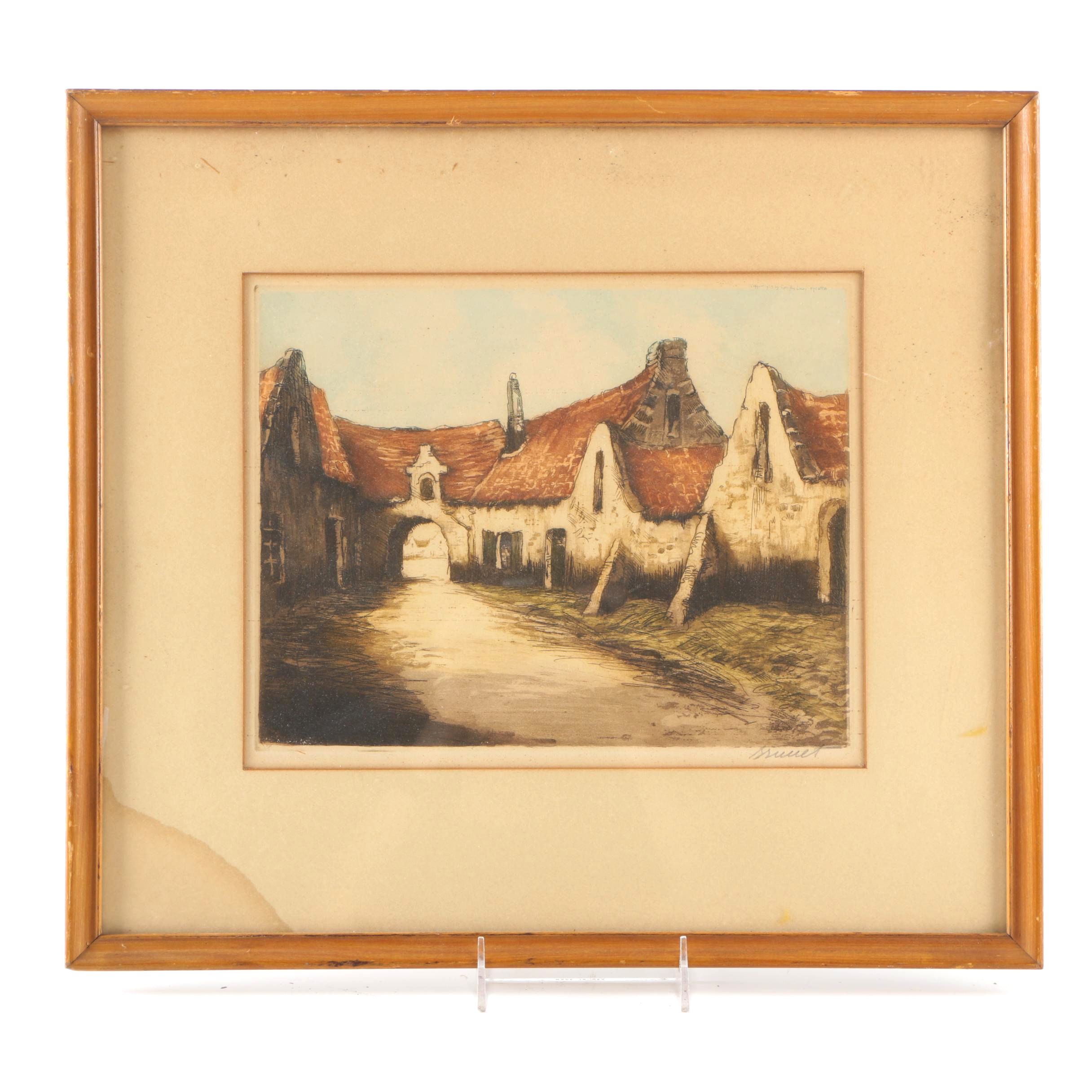 Brunet Mid-Century Etching on Paper "Beguinage in Bruges, Belgium"