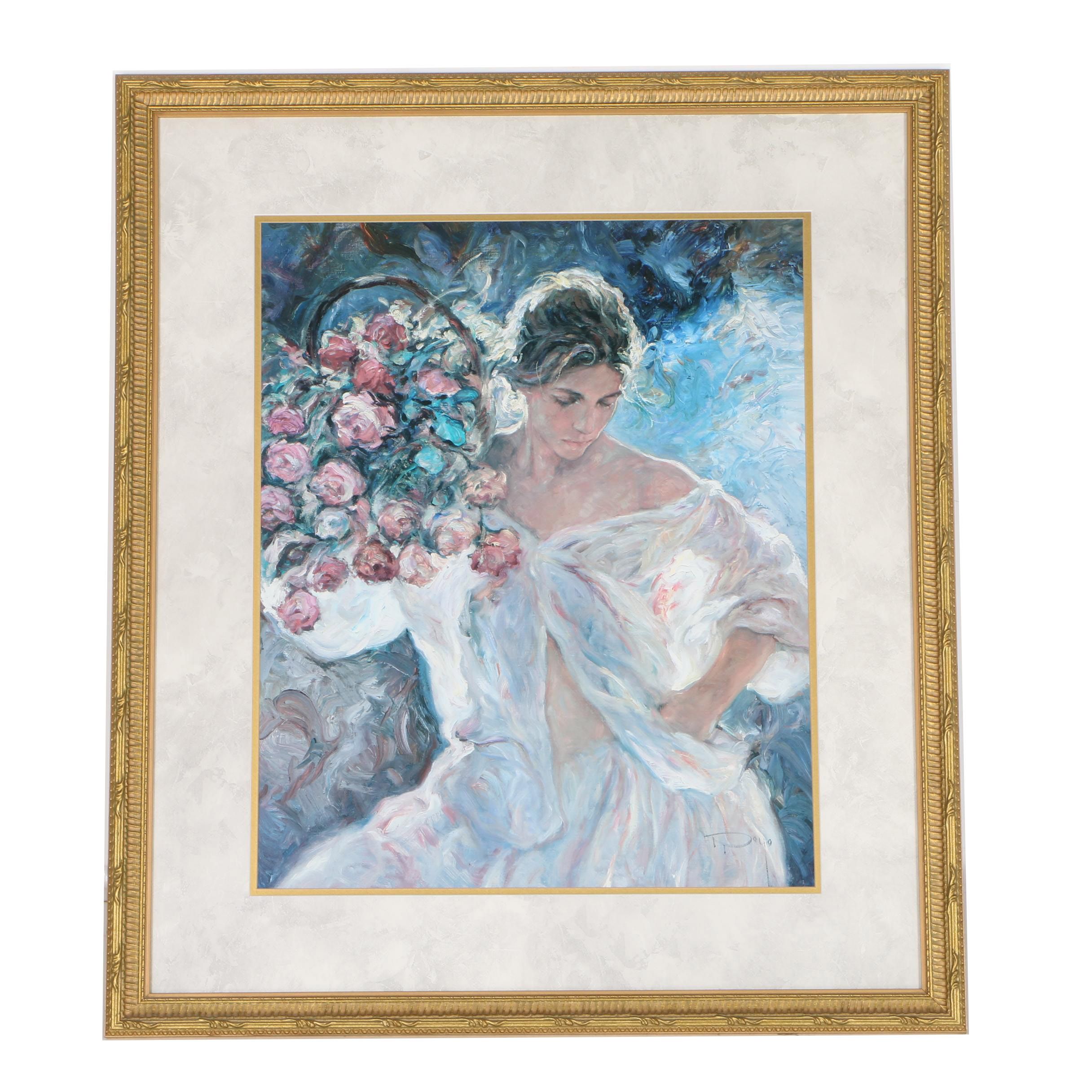 Jose Royo Offset Lithograph of Woman With Flowers