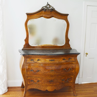 Antique Italian Louis XV Style Bombe Dresser With Mirror