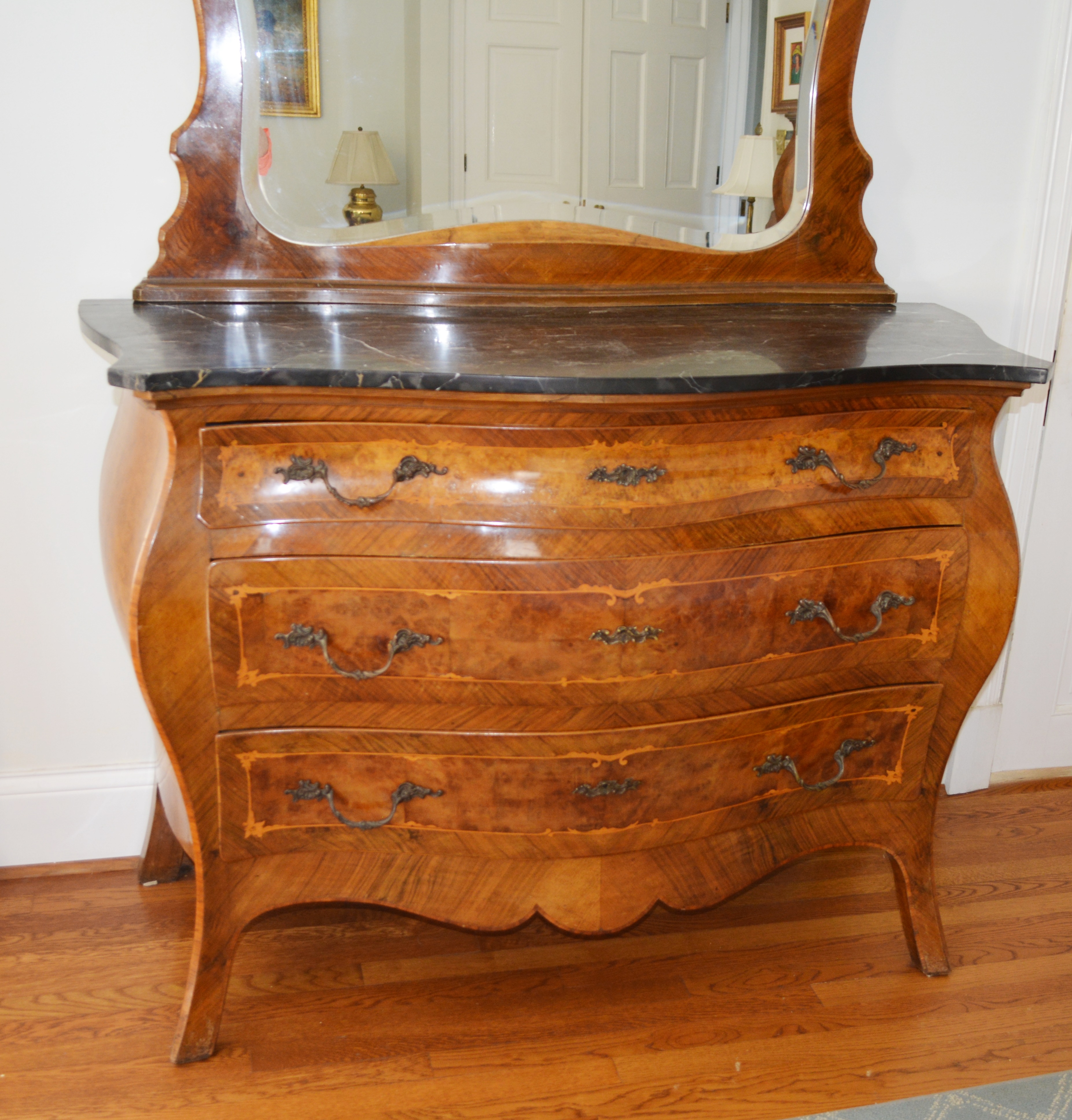 Antique Italian Louis XV Style Bombe Dresser With Mirror