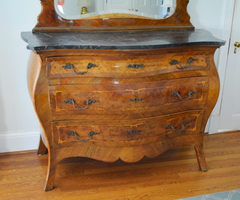 Antique Italian Louis XV Style Bombe Dresser With Mirror