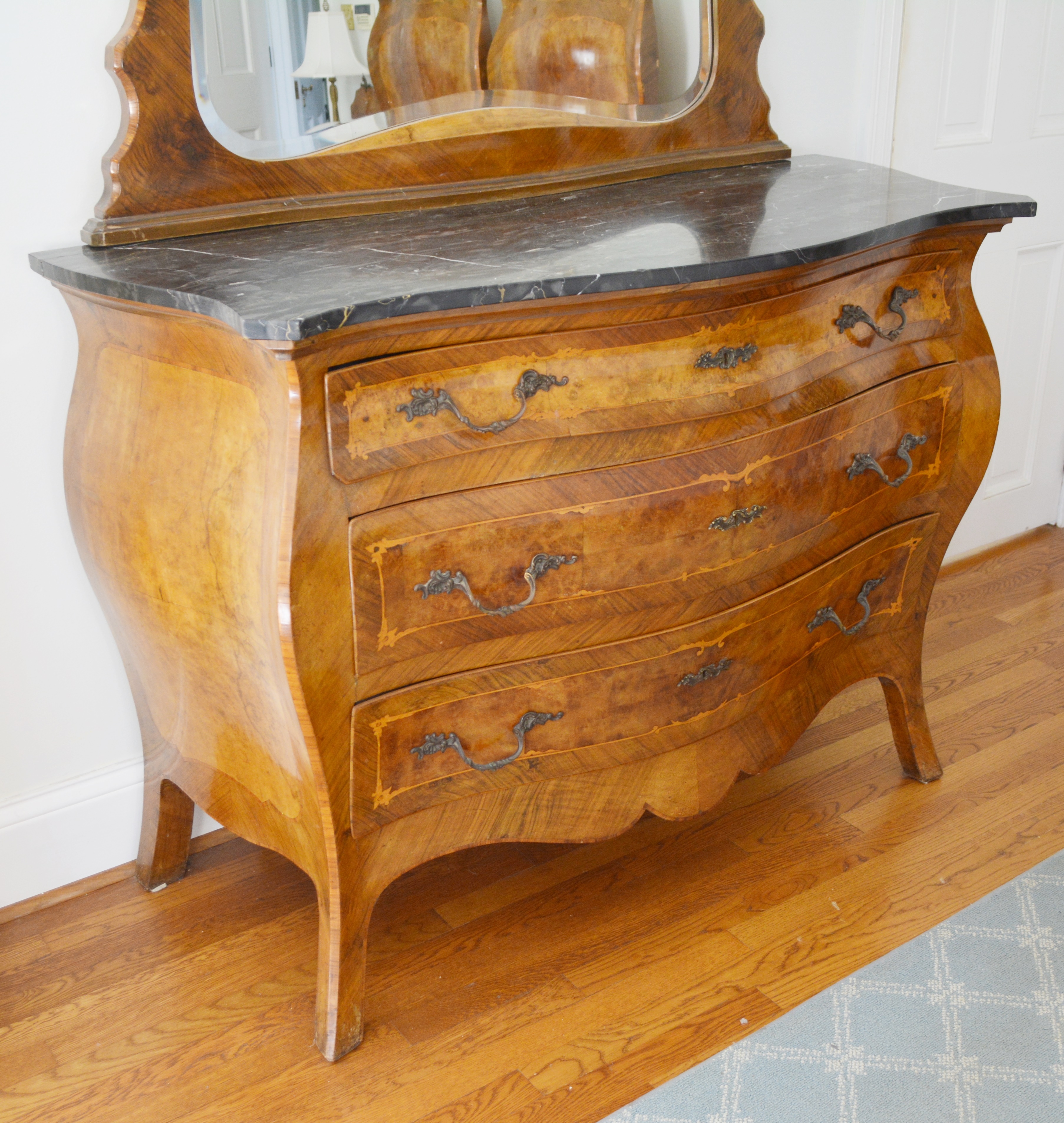 Antique Italian Louis XV Style Bombe Dresser With Mirror