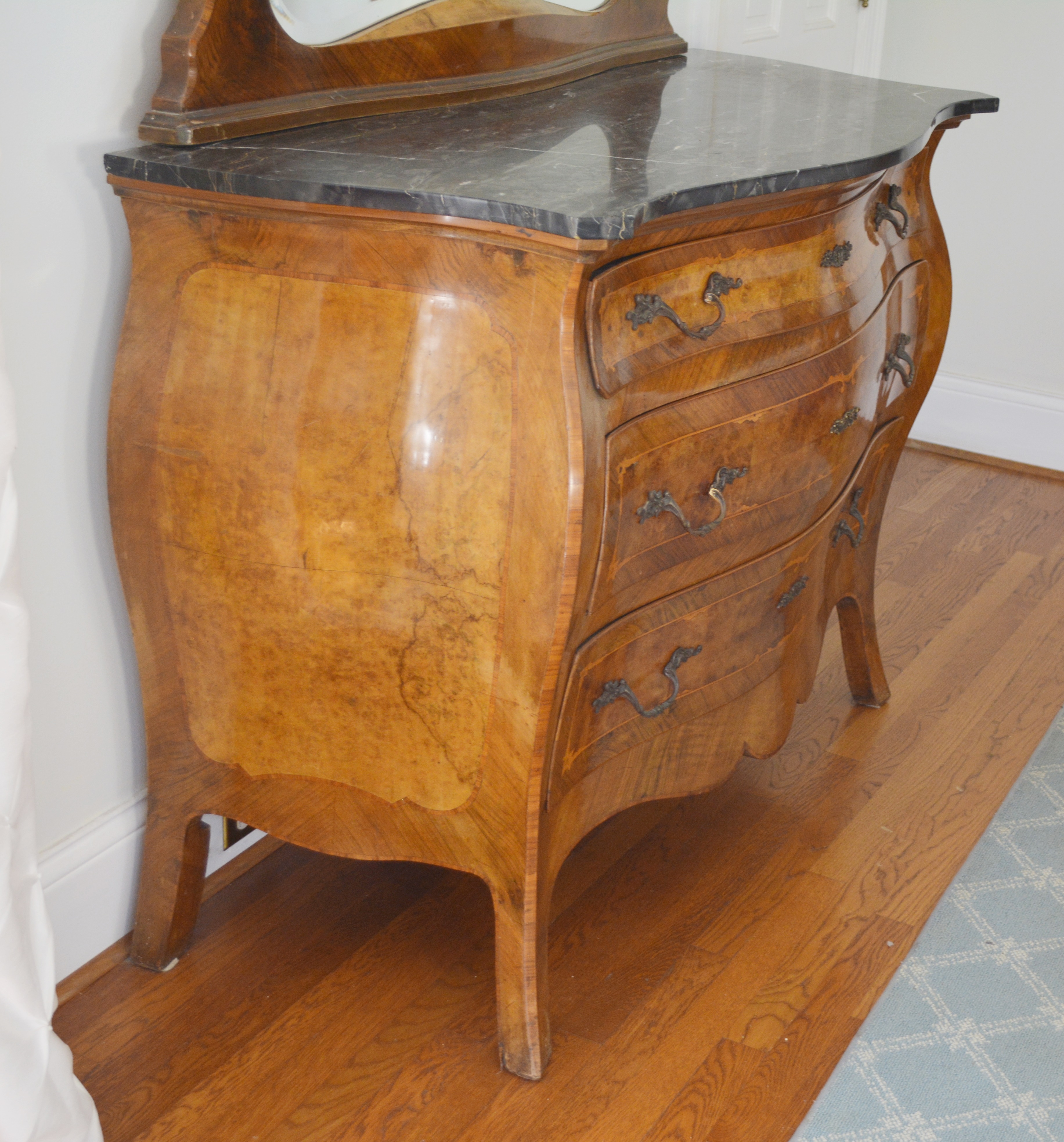 Antique Italian Louis XV Style Bombe Dresser With Mirror