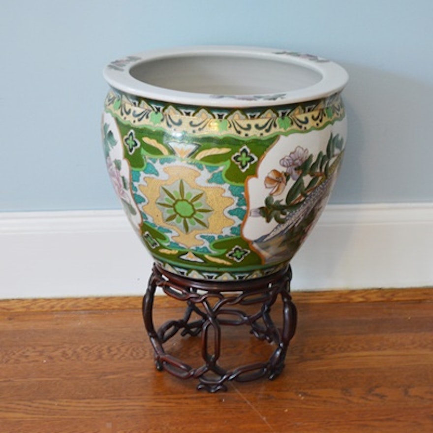 Chinese Porcelain Fish Bowl Planter and Stand