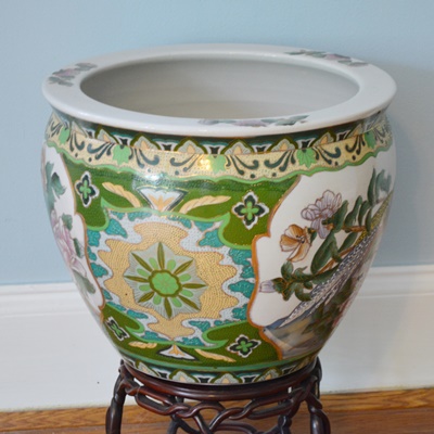 Chinese Porcelain Fish Bowl Planter and Stand