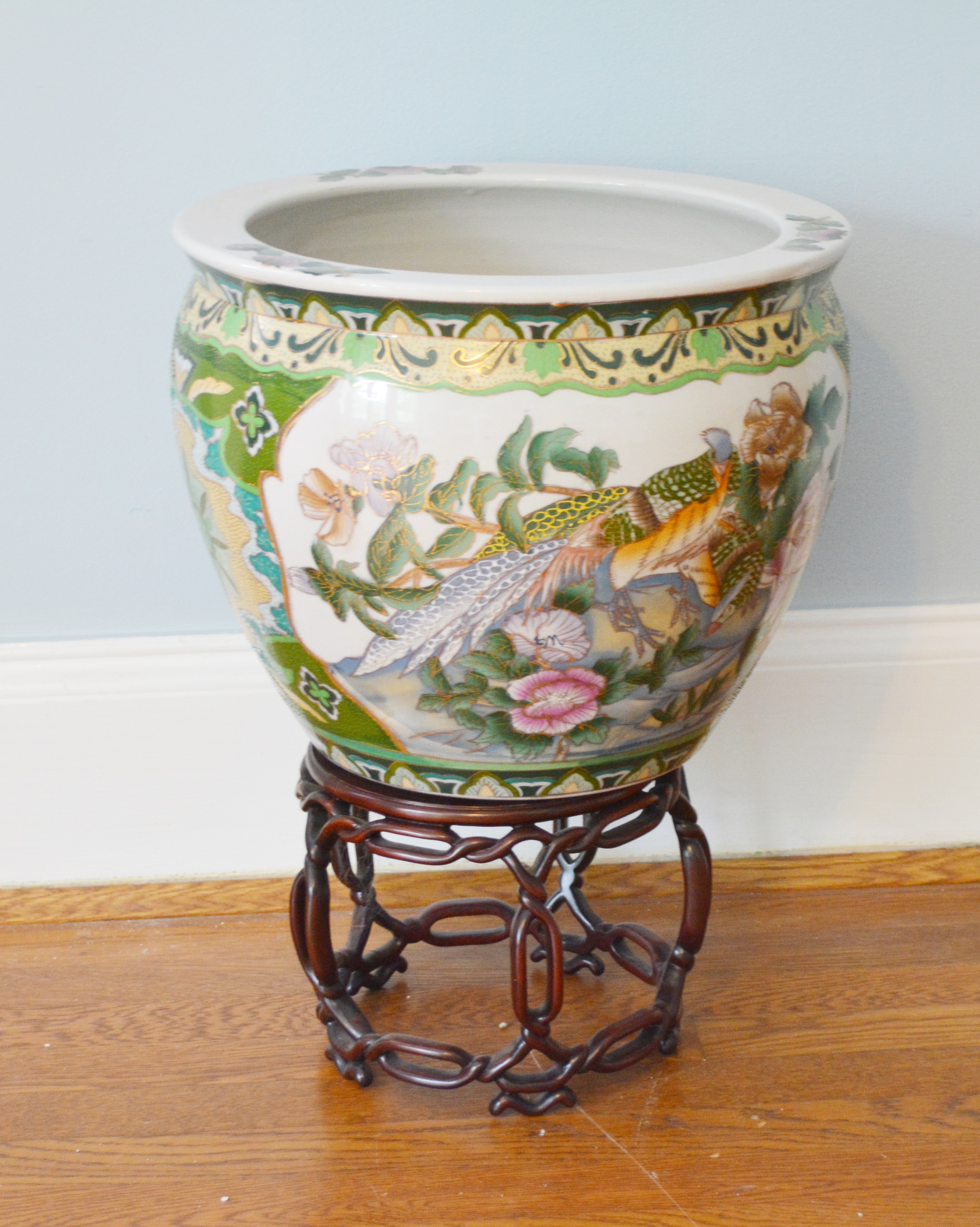 Chinese Porcelain Fish Bowl Planter and Stand