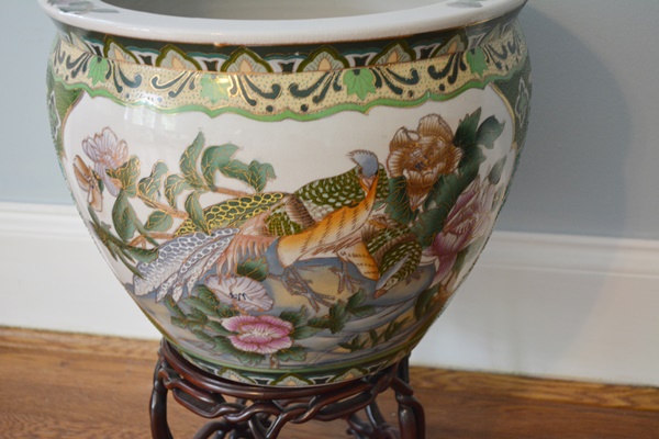 Chinese Porcelain Fish Bowl Planter and Stand