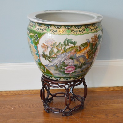 Chinese Porcelain Fish Bowl Planter and Stand