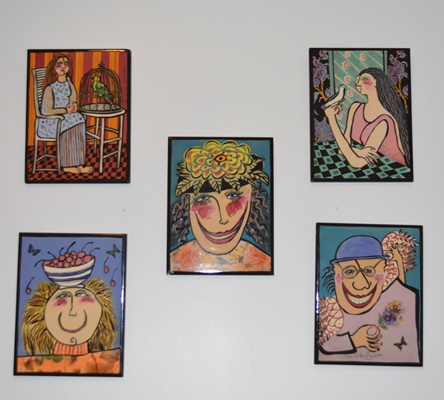 Five Pat Custer Denison Painted Ceramic Art Tiles