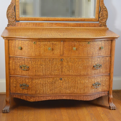 Antique Serpentine Quilted Maple Dresser With Mirror