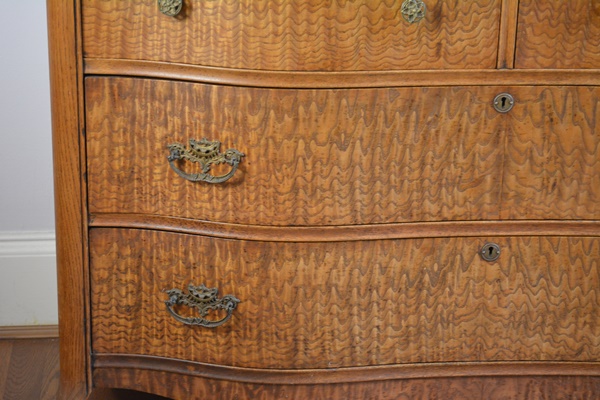 Antique Serpentine Quilted Maple Dresser With Mirror
