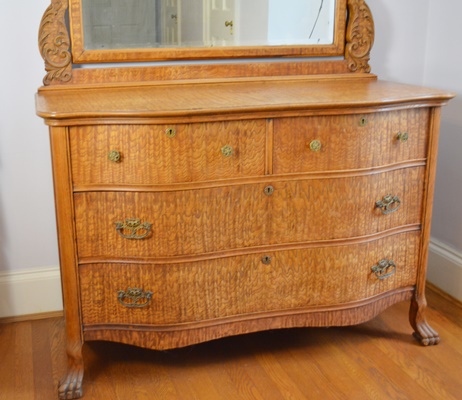 Antique Serpentine Quilted Maple Dresser With Mirror