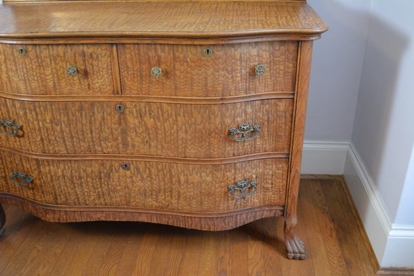 Antique Serpentine Quilted Maple Dresser With Mirror