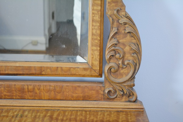 Antique Serpentine Quilted Maple Dresser With Mirror