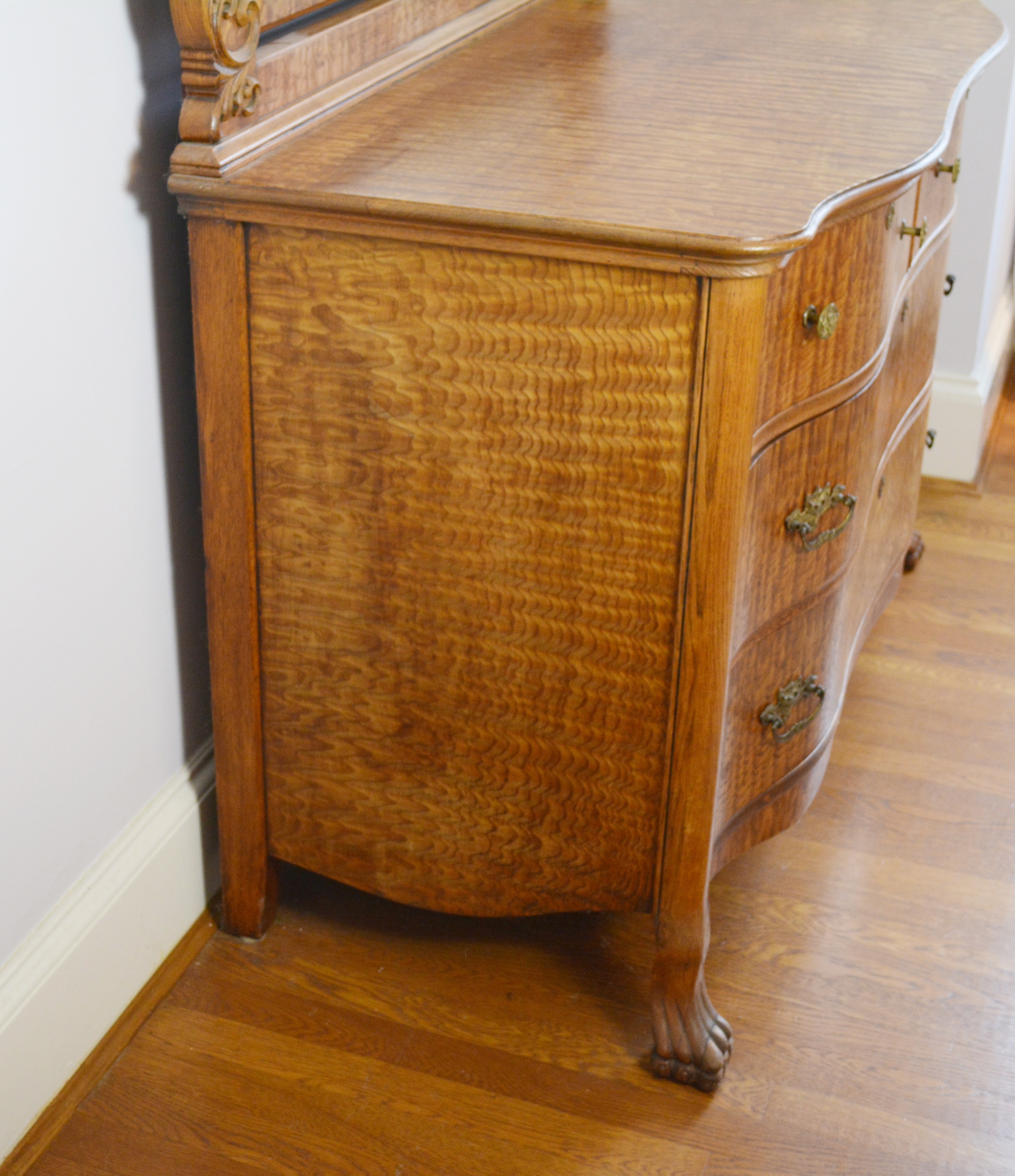 Antique Serpentine Quilted Maple Dresser With Mirror