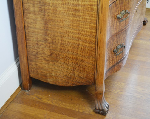 Antique Serpentine Quilted Maple Dresser With Mirror