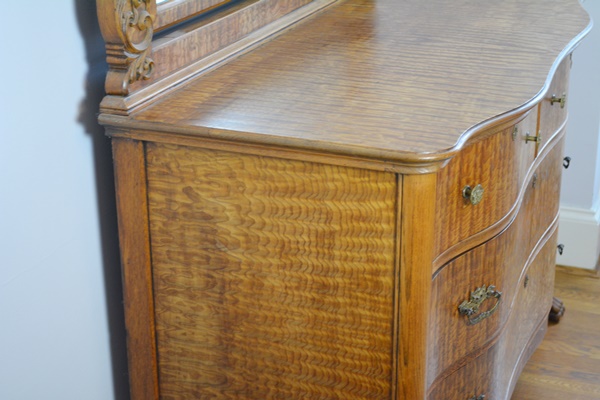 Antique Serpentine Quilted Maple Dresser With Mirror