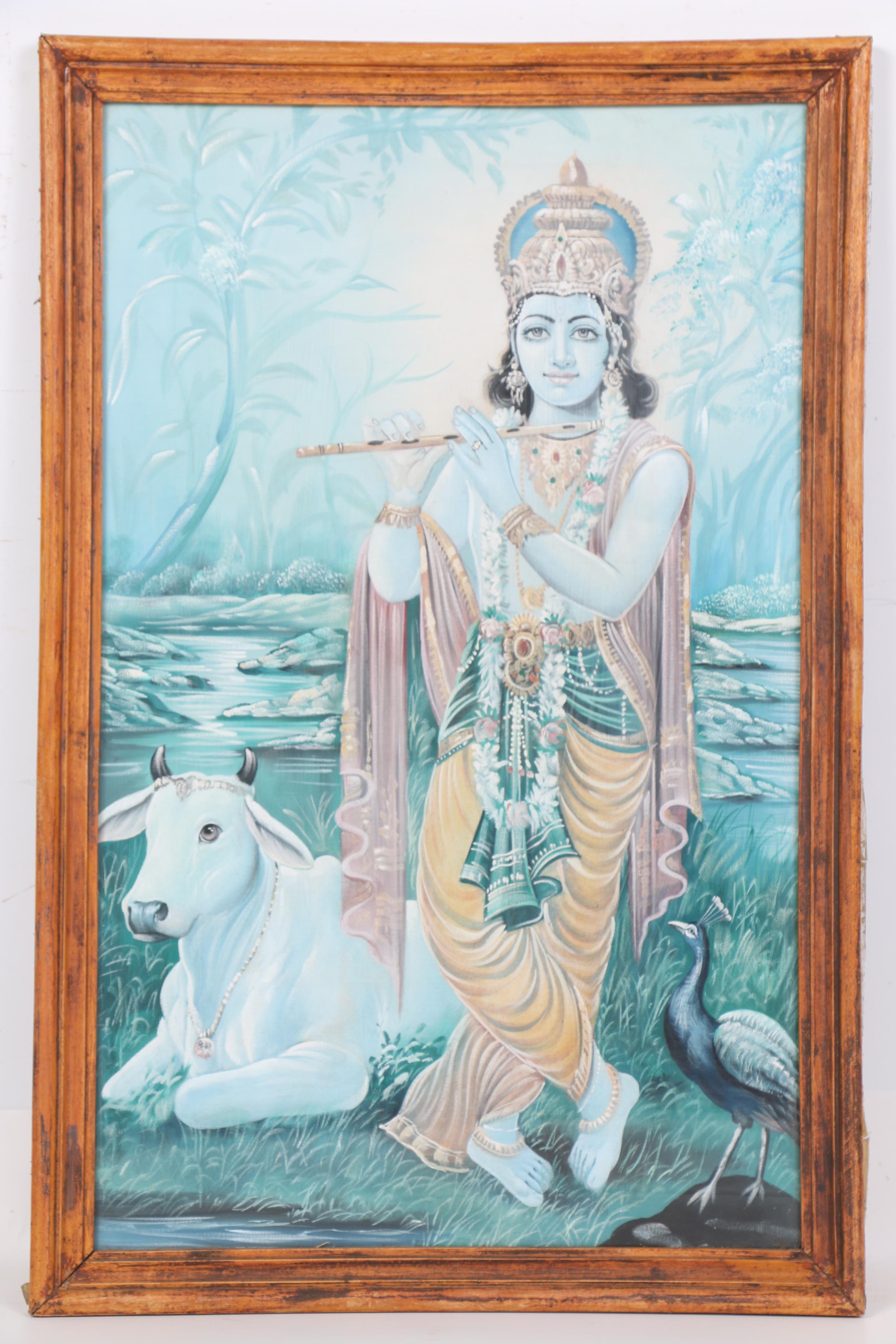 Gouache Painting on Canvas of Krishna