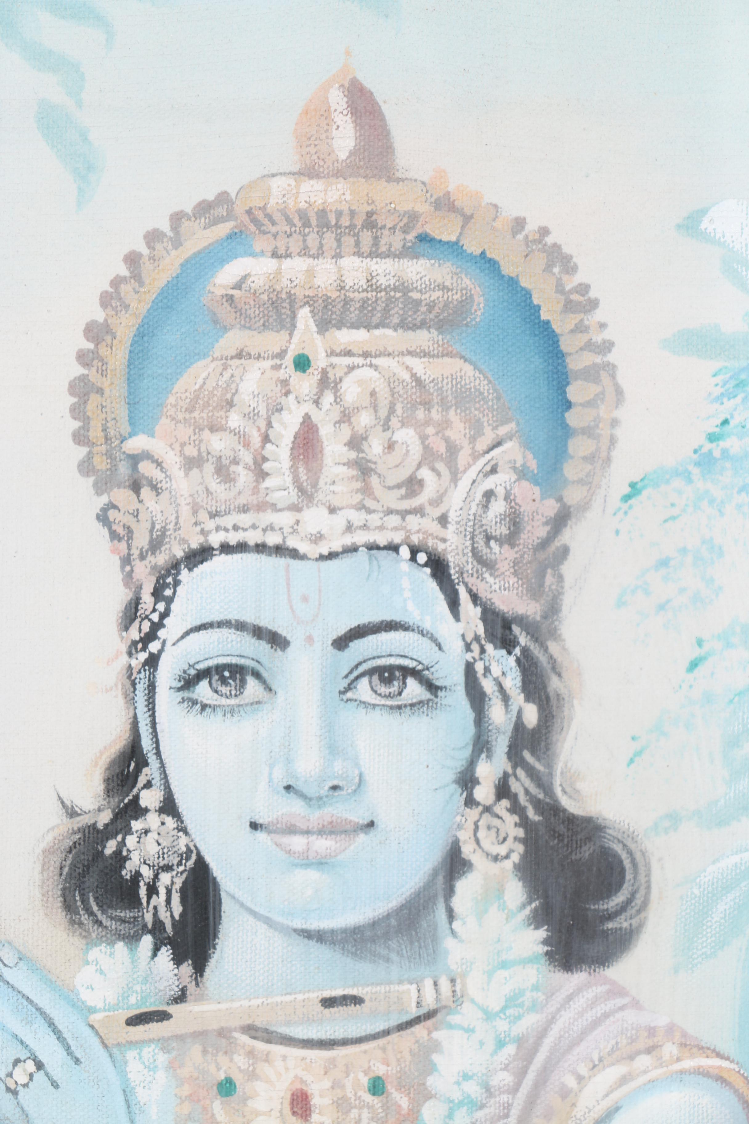 Gouache Painting on Canvas of Krishna