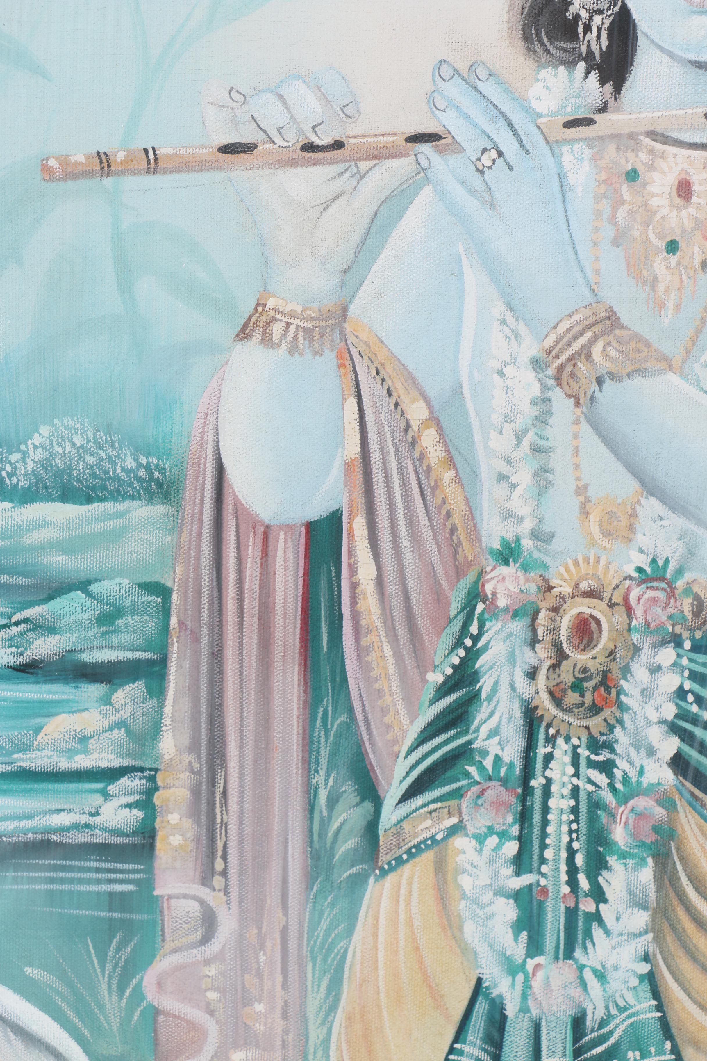 Gouache Painting on Canvas of Krishna