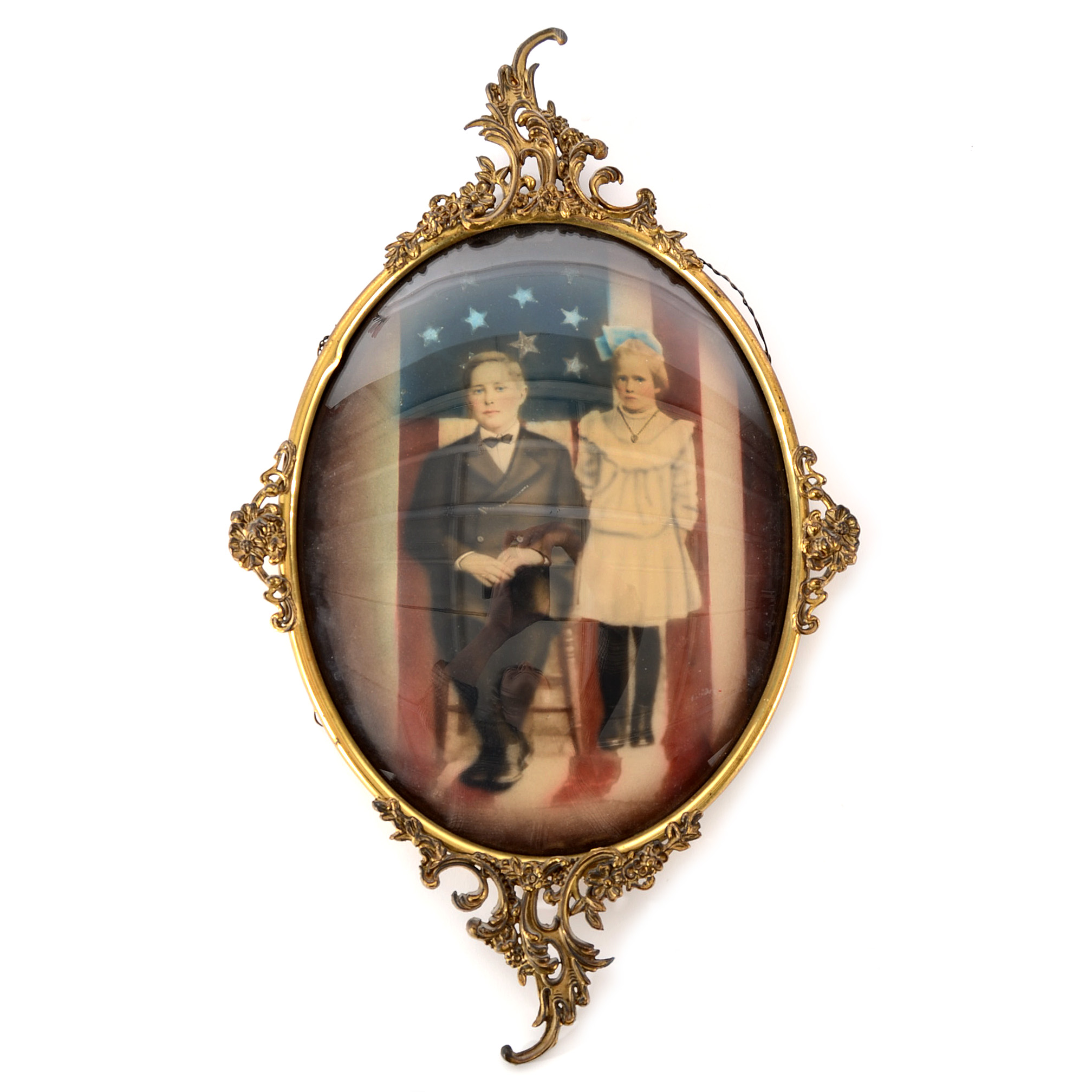 Antique Crayon Portrait of Children with American Flag