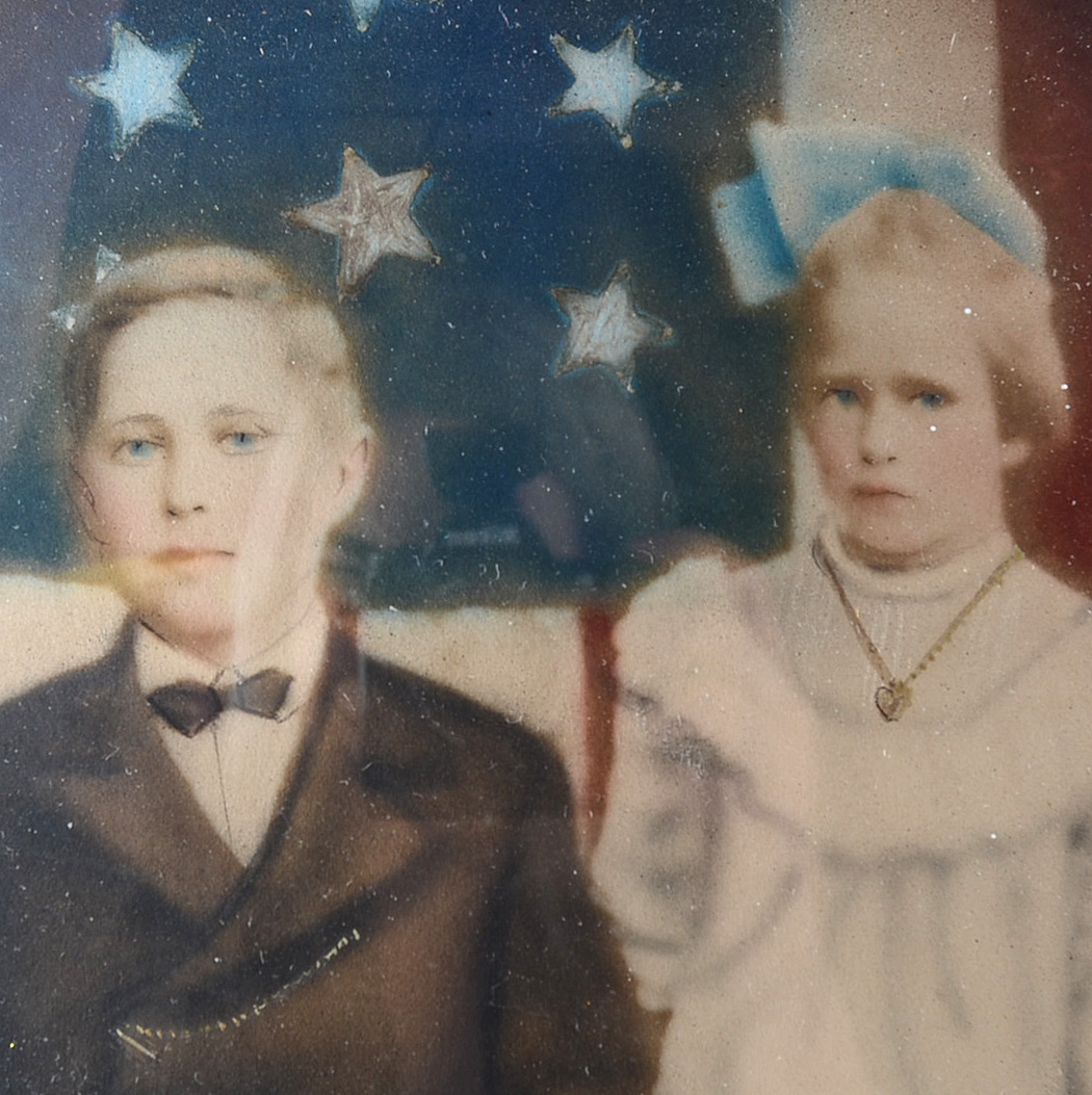Antique Crayon Portrait of Children with American Flag