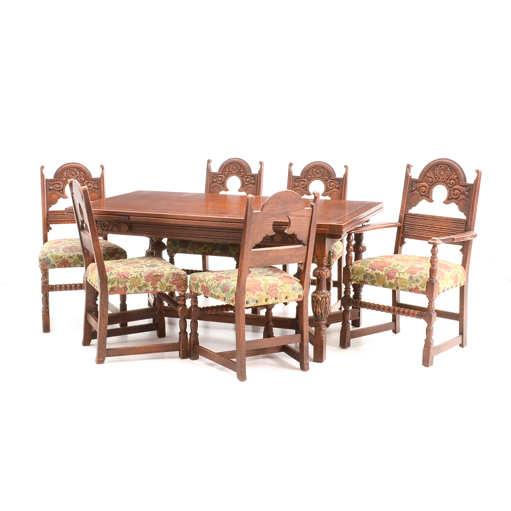Vintage Tudor Revival Carved Oak Dining Set