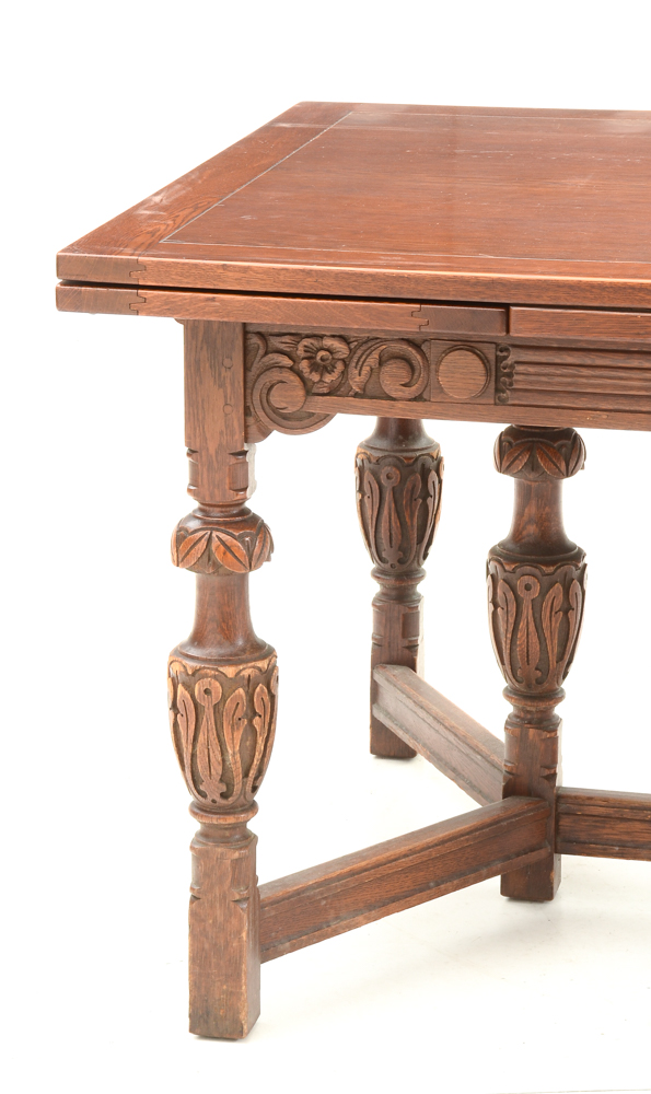 Vintage Tudor Revival Carved Oak Dining Set