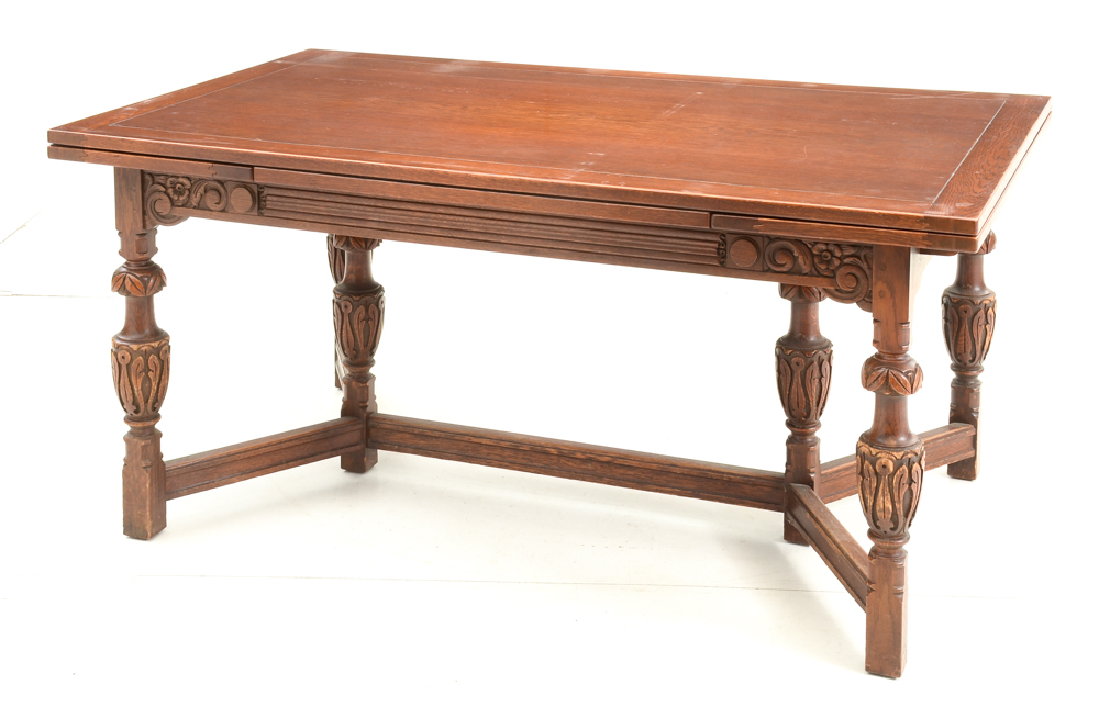 Vintage Tudor Revival Carved Oak Dining Set