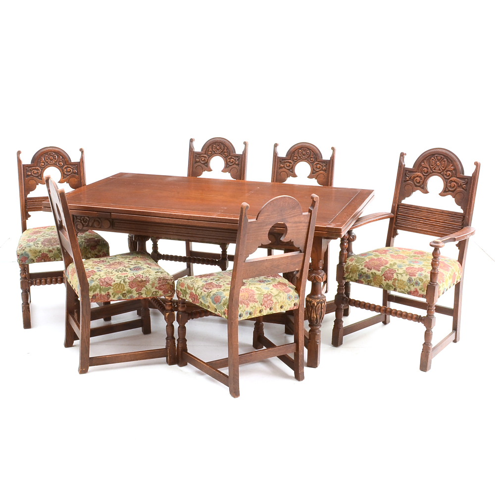 Vintage Tudor Revival Carved Oak Dining Set