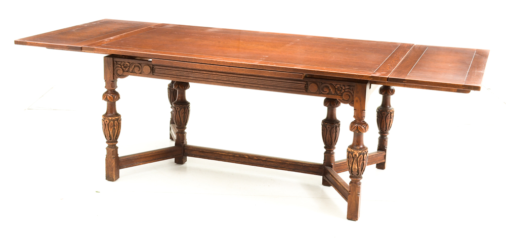 Vintage Tudor Revival Carved Oak Dining Set