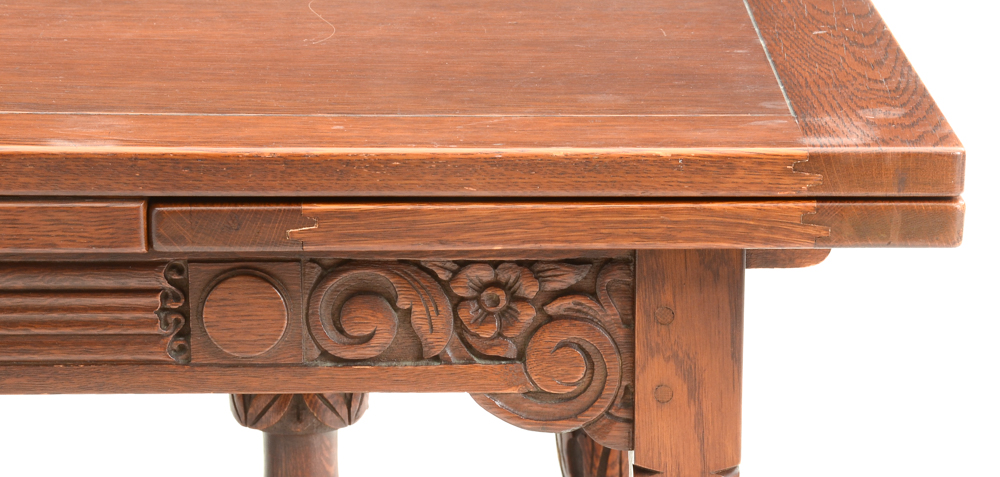 Vintage Tudor Revival Carved Oak Dining Set