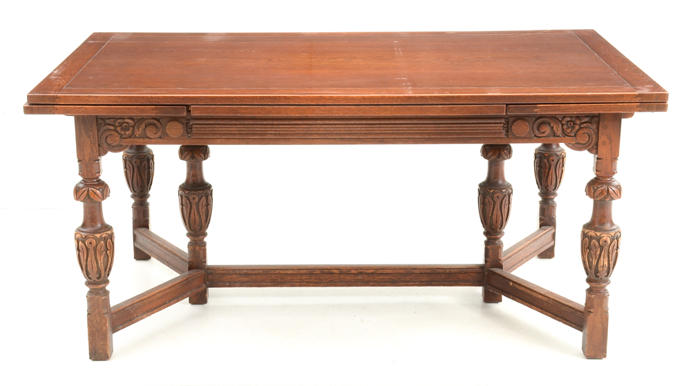 Vintage Tudor Revival Carved Oak Dining Set