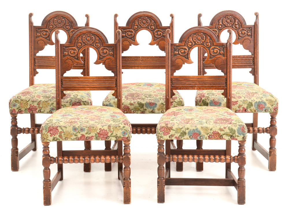 Vintage Tudor Revival Carved Oak Dining Set