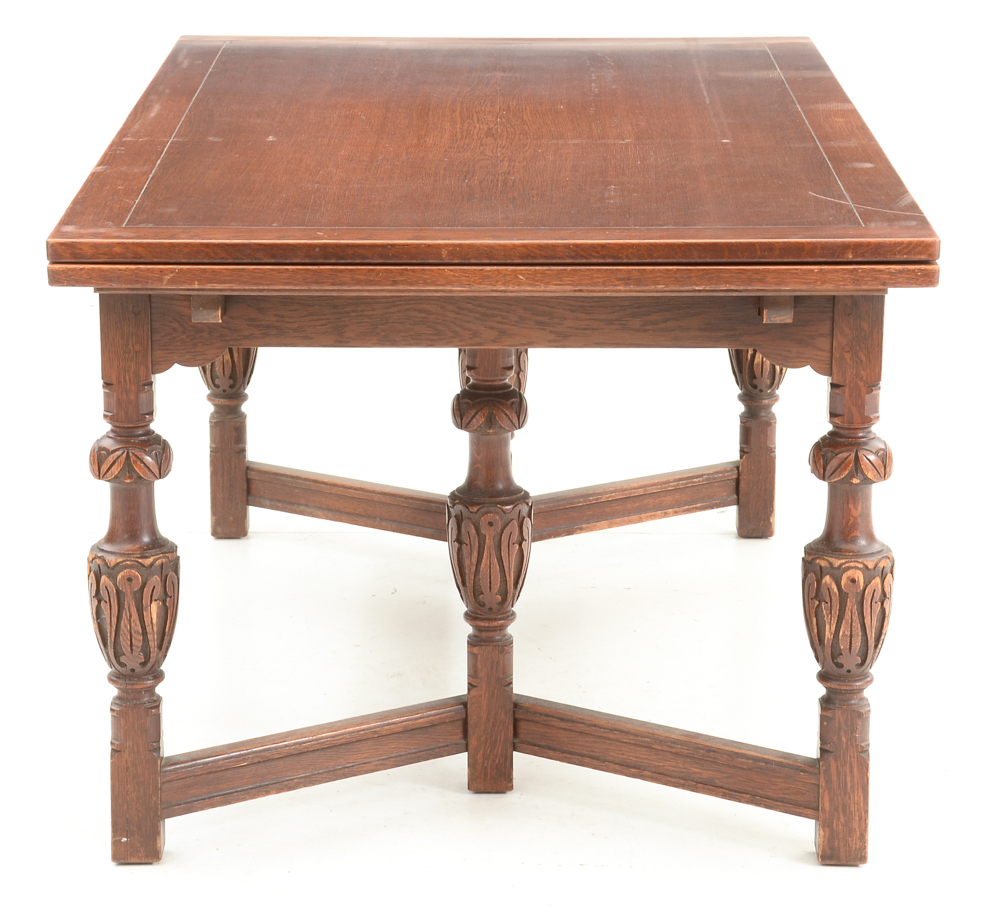 Vintage Tudor Revival Carved Oak Dining Set