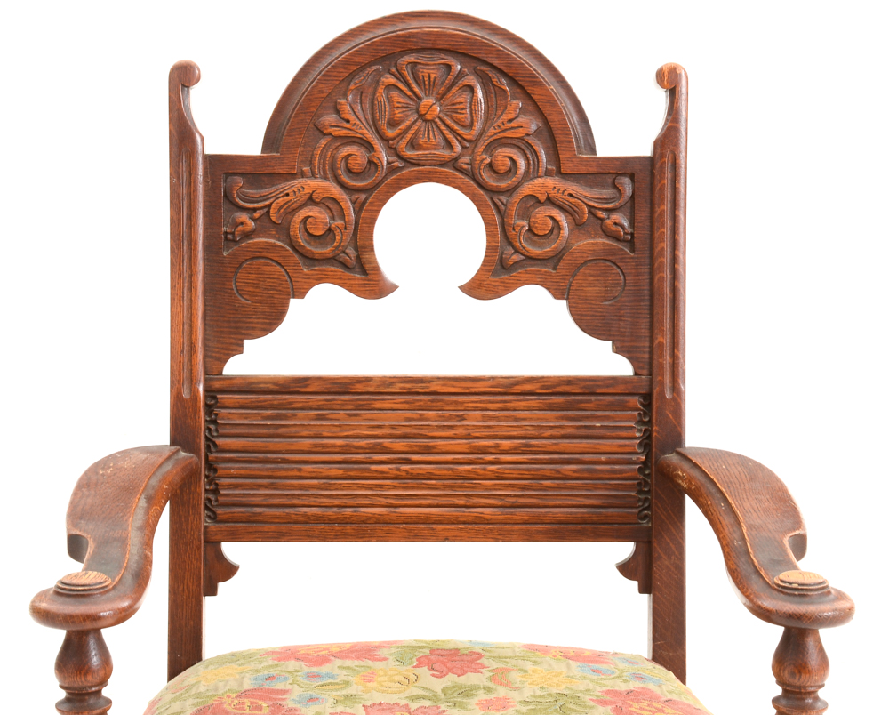 Vintage Tudor Revival Carved Oak Dining Set