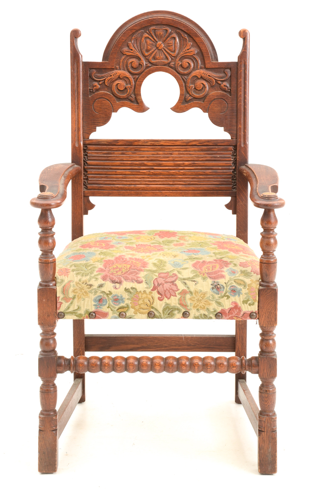 Vintage Tudor Revival Carved Oak Dining Set