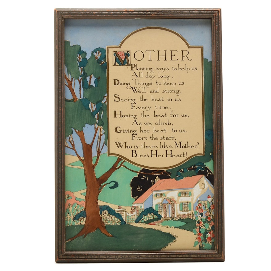 Hand-Painted Wood Engraving "Mother" Signed Bartlett