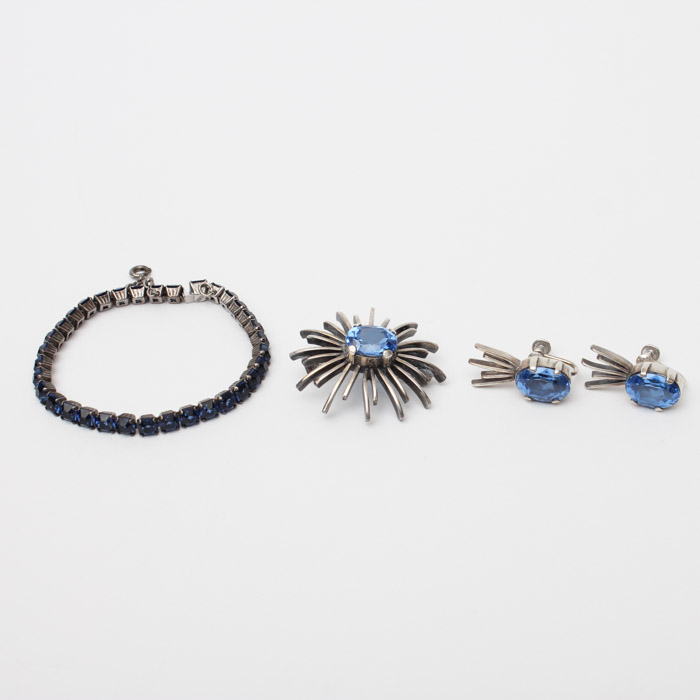 Vintage Sterling Silver Jewelry With Blue Glass and Rhinestones