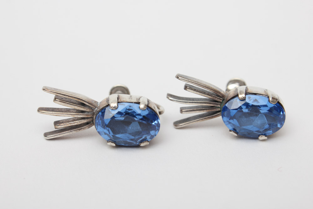 Vintage Sterling Silver Jewelry With Blue Glass and Rhinestones