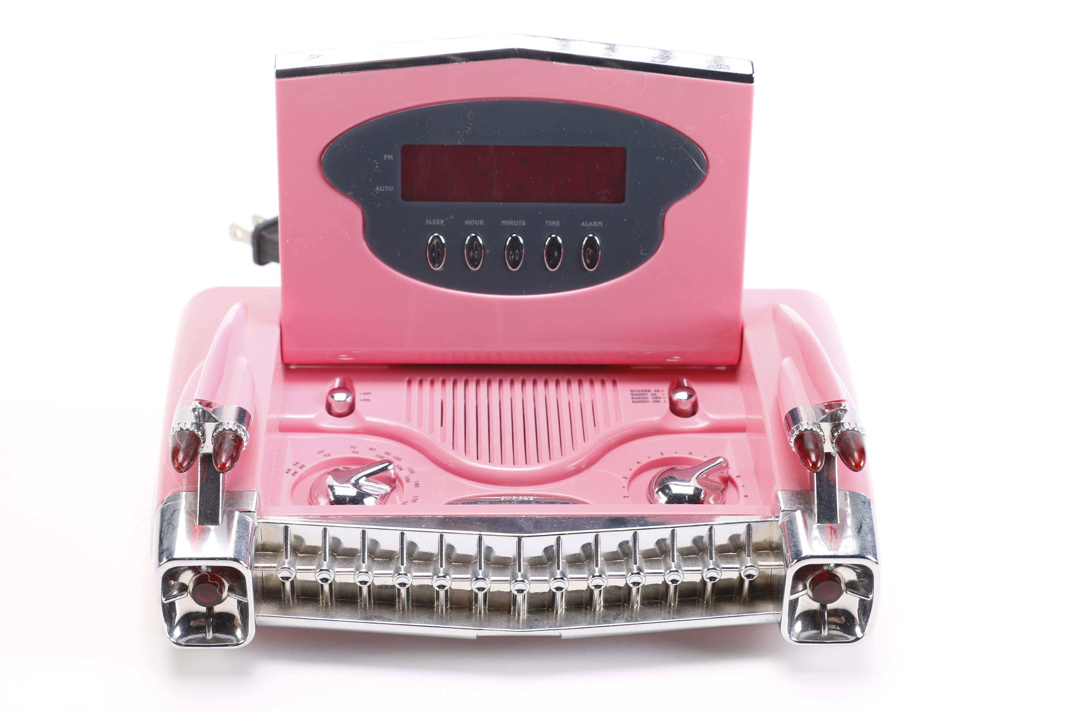 Vintage Pink Plastic GE Radio and Contemporary Alarm Clock