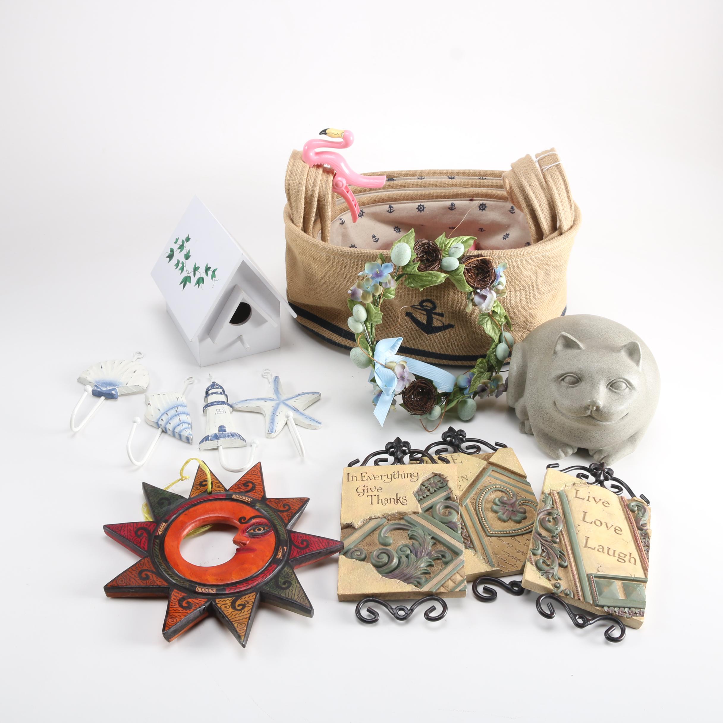 Cat Figure With Nesting Baskets and Decorative Plaques