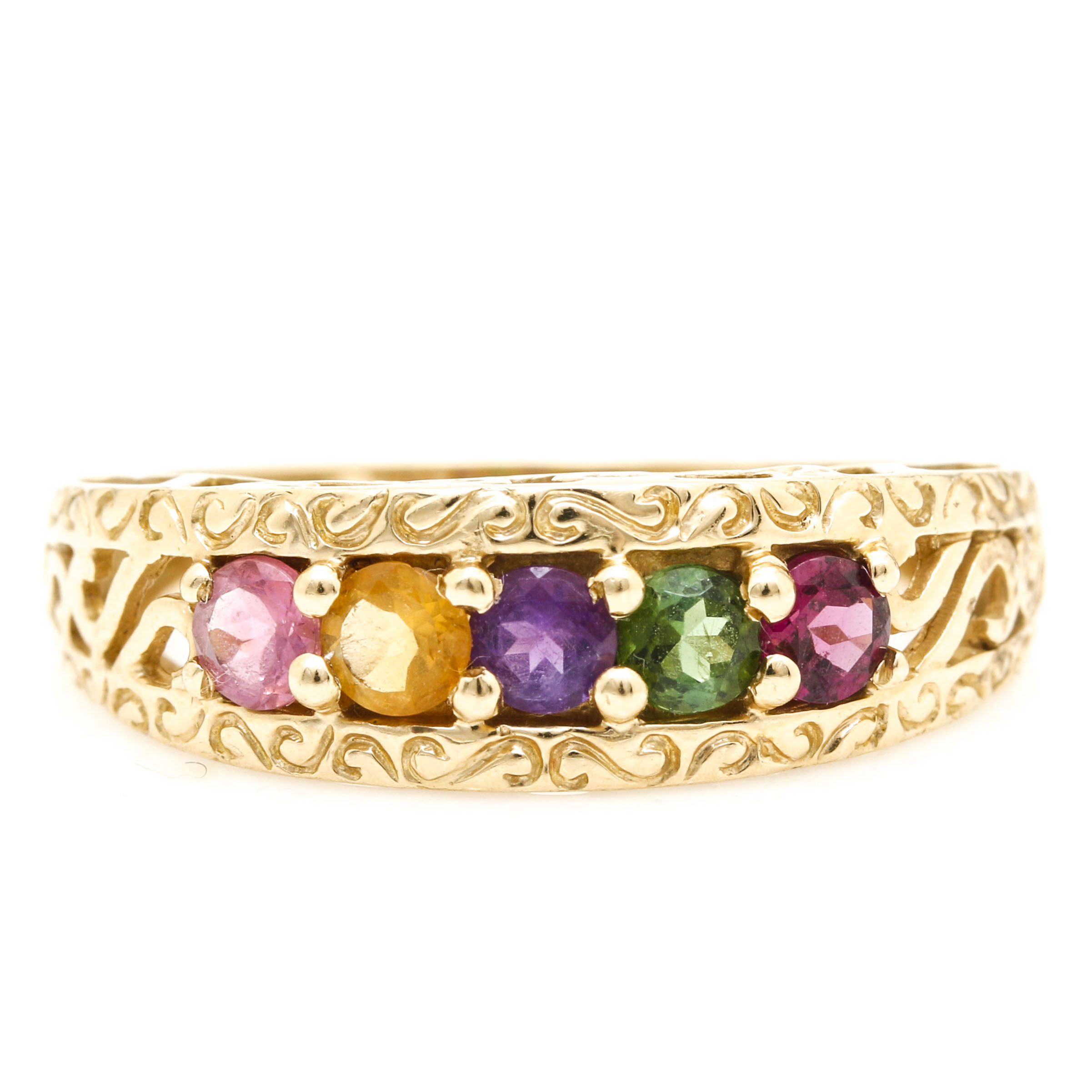 14K Yellow Gold Scrolled Gemstone Ring