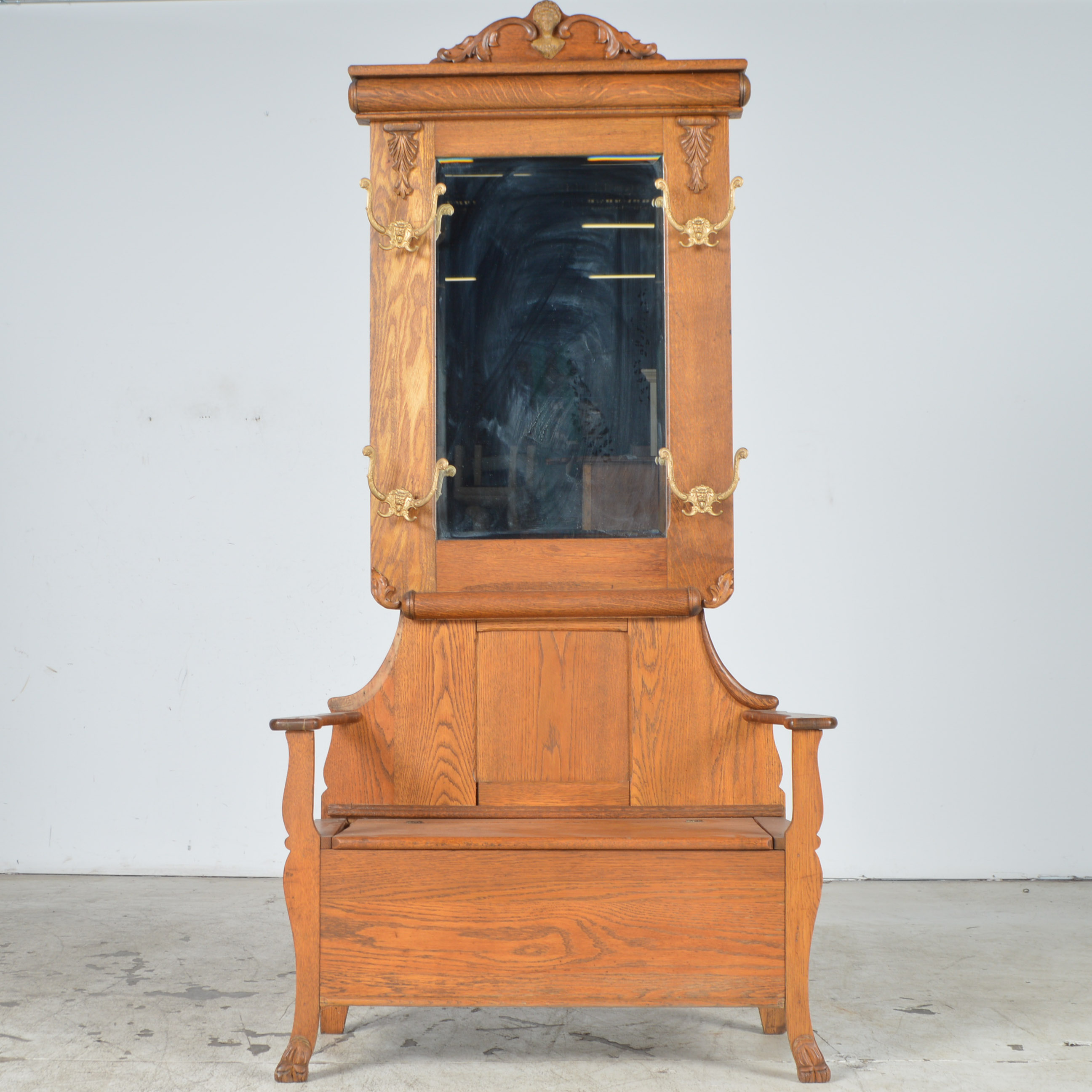 Vintage Oak Hall Tree with Storage Bench