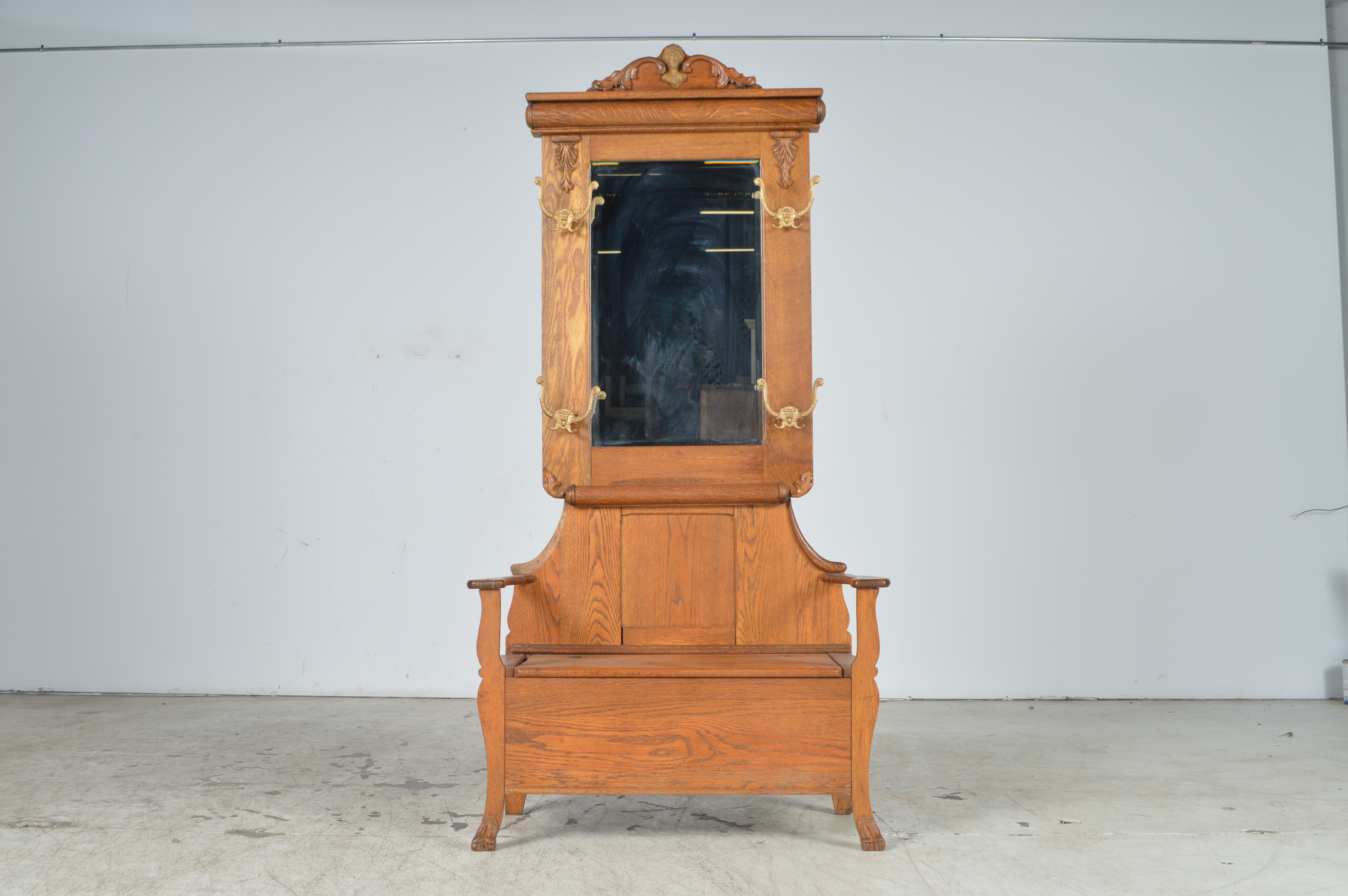 Vintage Oak Hall Tree with Storage Bench