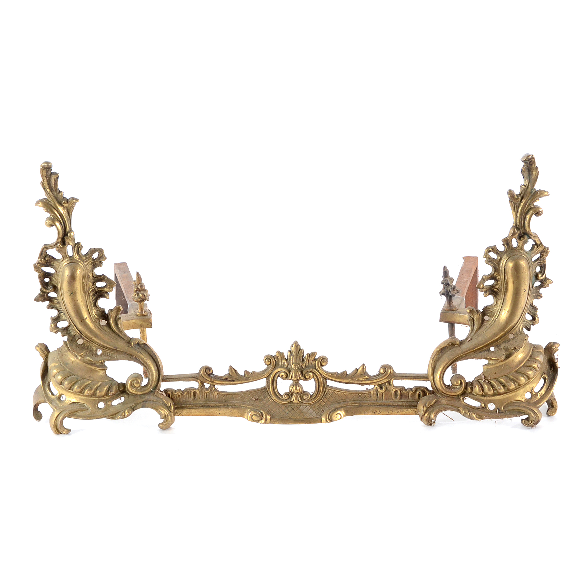 Brass Rococo Andiron and Fender Set