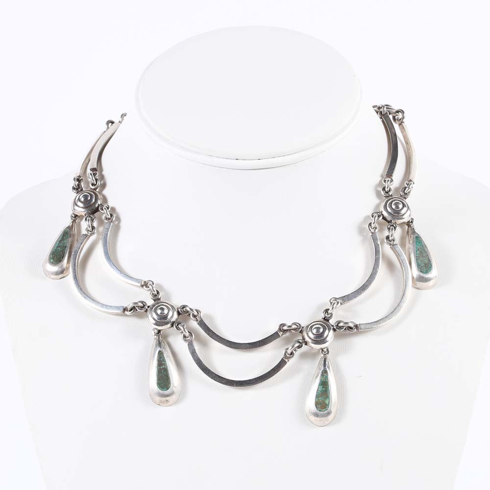 Talleres de Los Ballesteros of Taxco Mexico Sterling Silver Festoon Choker with Turquoise Teardrops