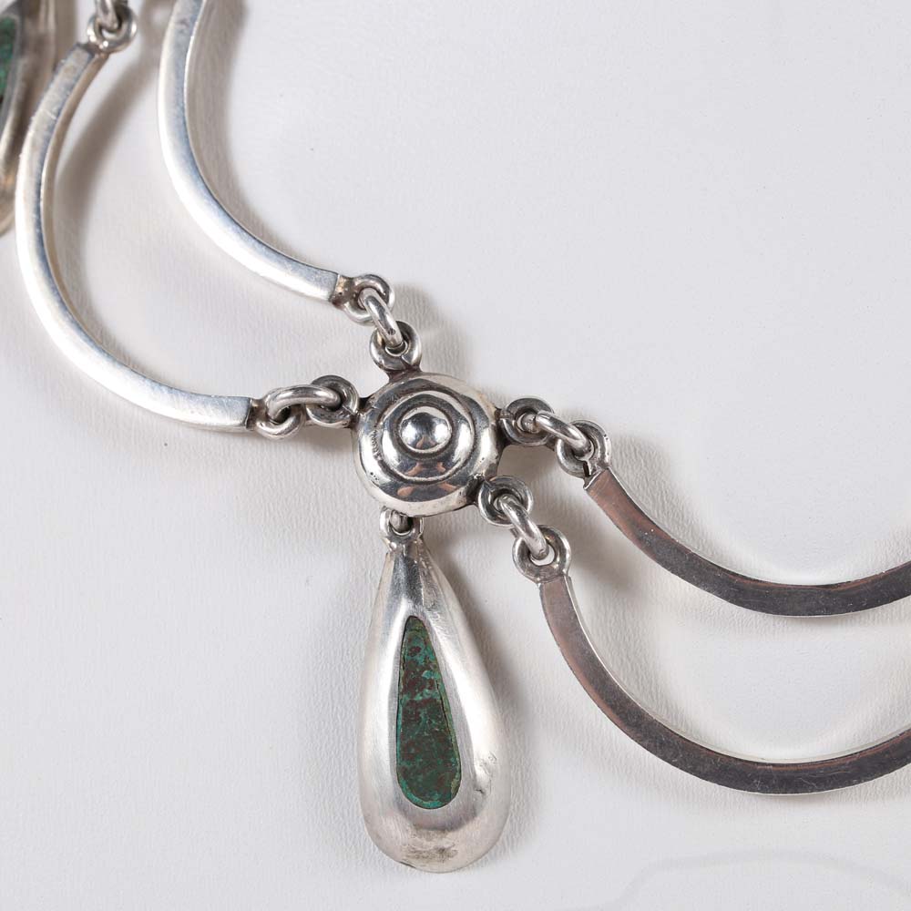 Talleres de Los Ballesteros of Taxco Mexico Sterling Silver Festoon Choker with Turquoise Teardrops