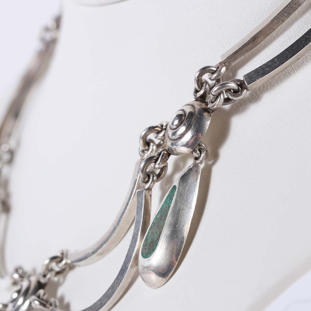Talleres de Los Ballesteros of Taxco Mexico Sterling Silver Festoon Choker with Turquoise Teardrops
